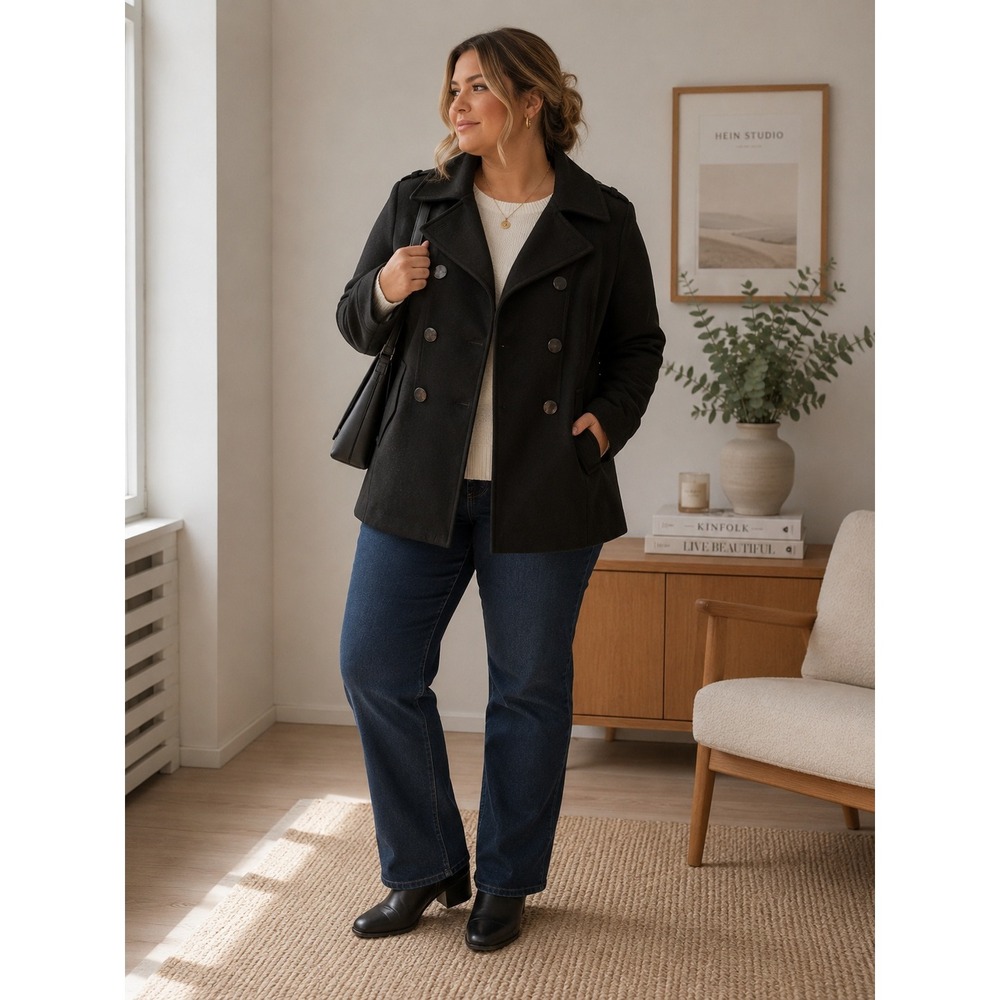 SHARP! RARE! DANA BUCHMAN WOMEN WOOL COAT Size L black navy style